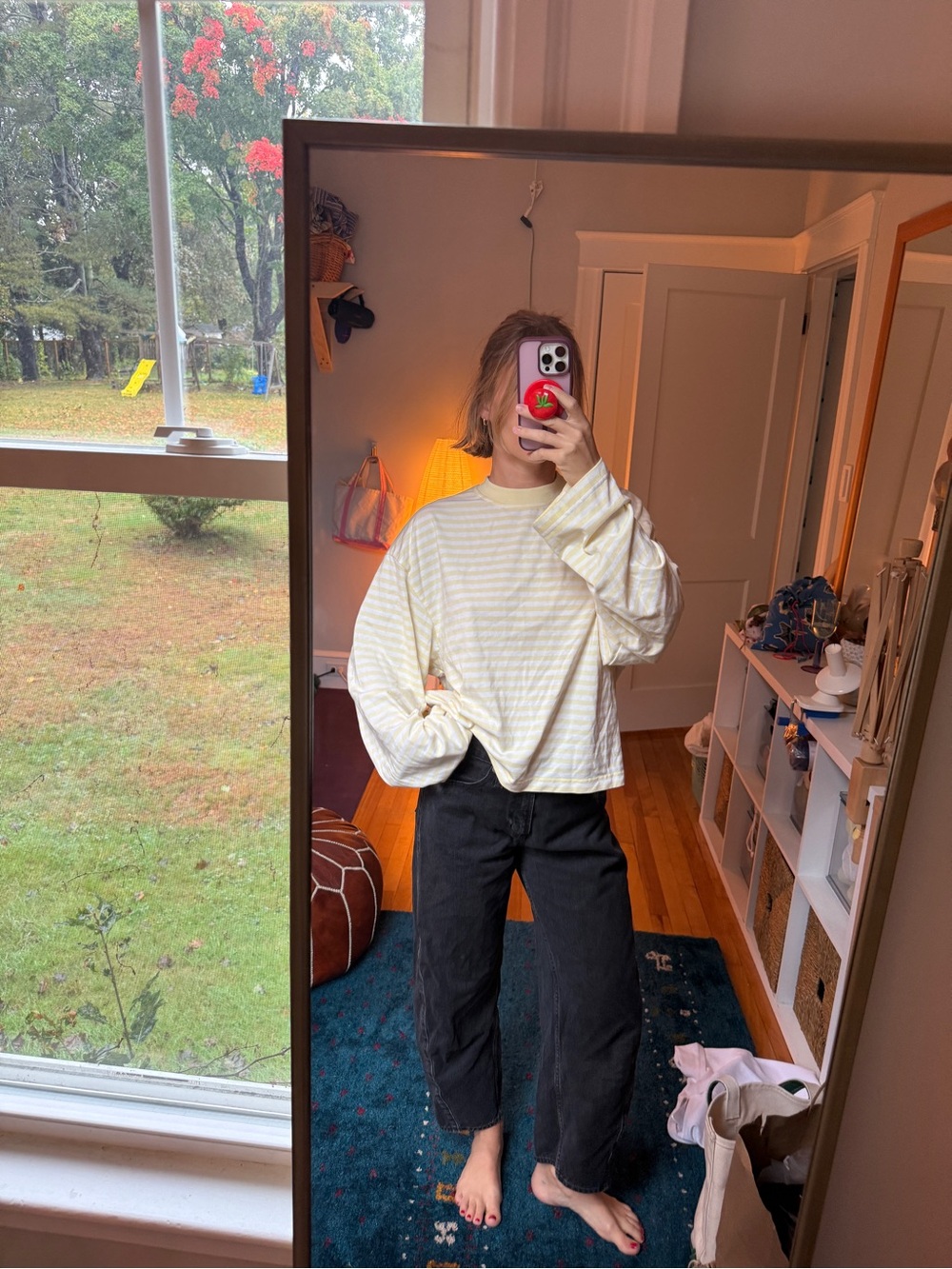 Lioness Cream and Pale Yellow Striped Crewneck Sweater
